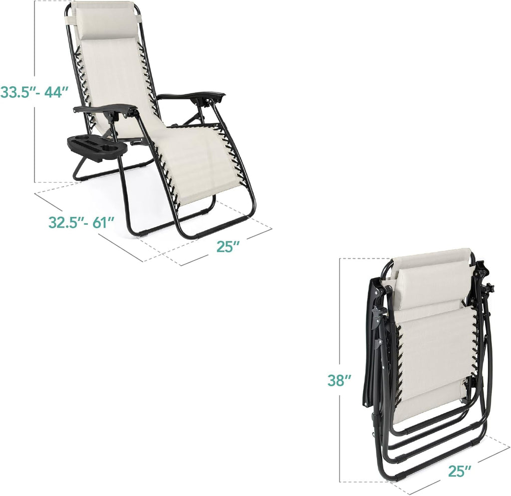 Best Choice Products Set of 2 Adjustable Steel Mesh Zero Gravity Lounge Chair Recliners w/Pillows and Cup Holder Trays - Beige