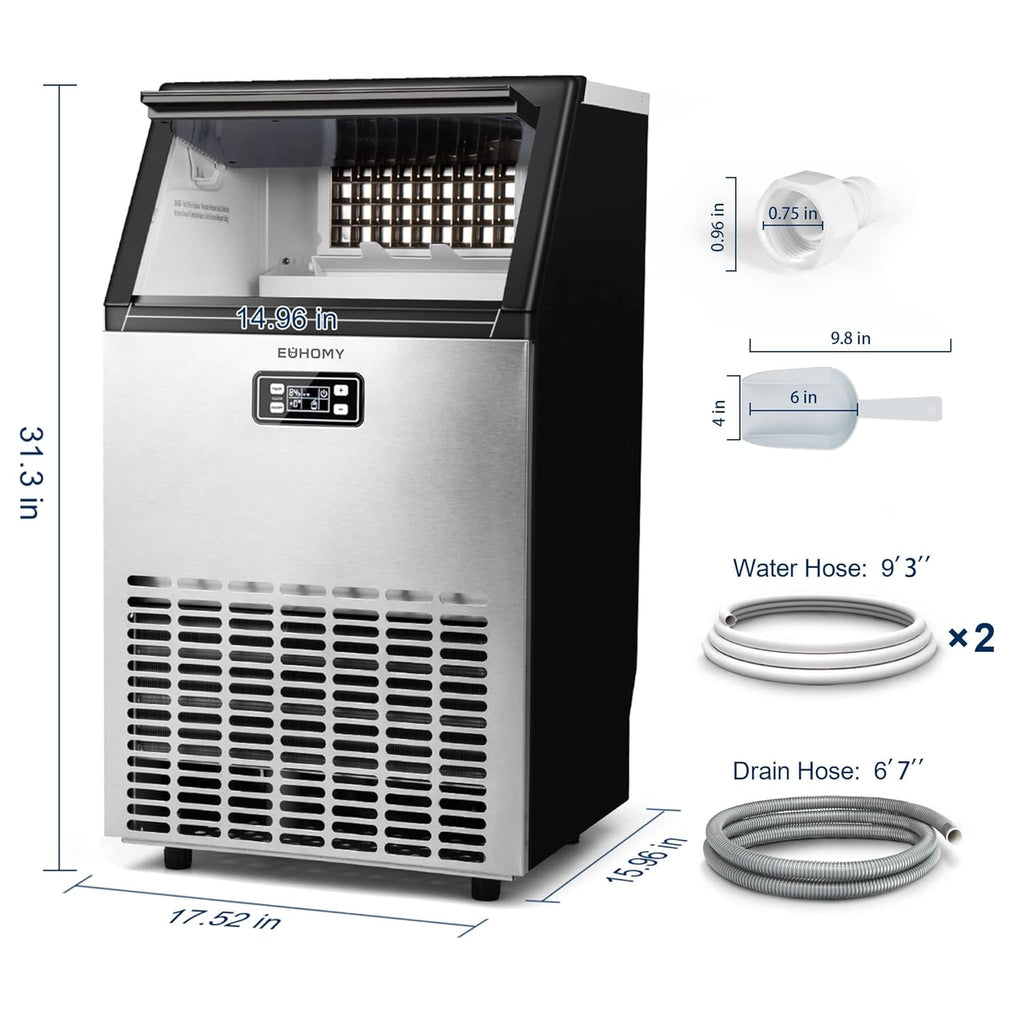 EUHOMY Commercial Ice Maker Machine, 200lbs Daily Output, Under Counter ice Machine with 65lbs Ice Storage Capacity, Perfect for Home/Bar/Restaurant/Outdoor Activities(Stainless Steel)