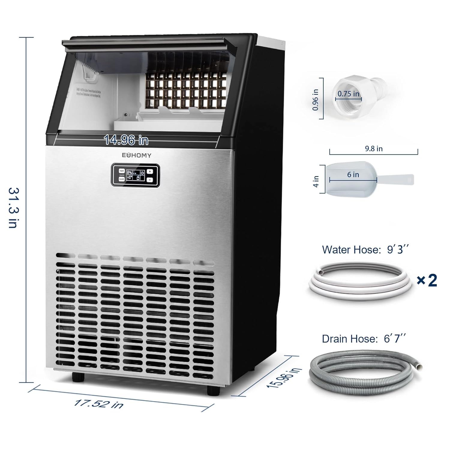 EUHOMY Commercial Ice Maker Machine, 200lbs Daily Output, Under Counter ice Machine with 65lbs Ice Storage Capacity, Perfect for Home/Bar/Restaurant/Outdoor Activities(Stainless Steel)