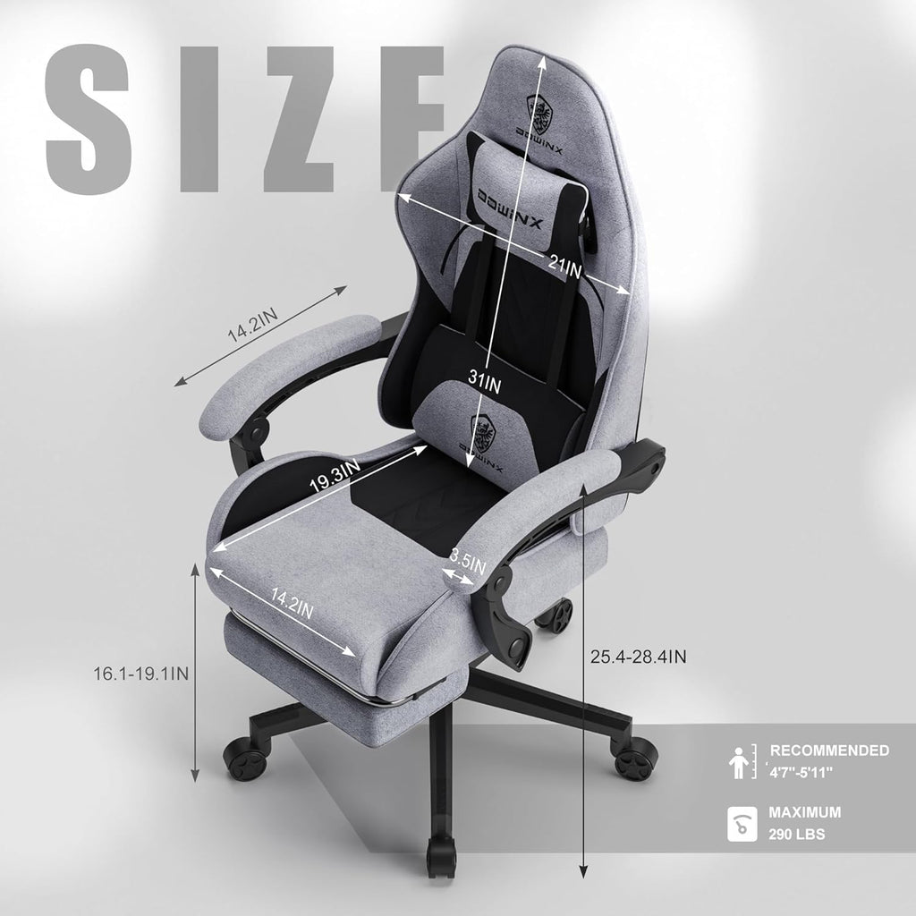 Dowinx Gaming Chair Fabric with Pocket Spring Cushion, Massage Game Chair Cloth with Headrest, Ergonomic Computer Chair with Footrest 290LBS, Blue and Grey
